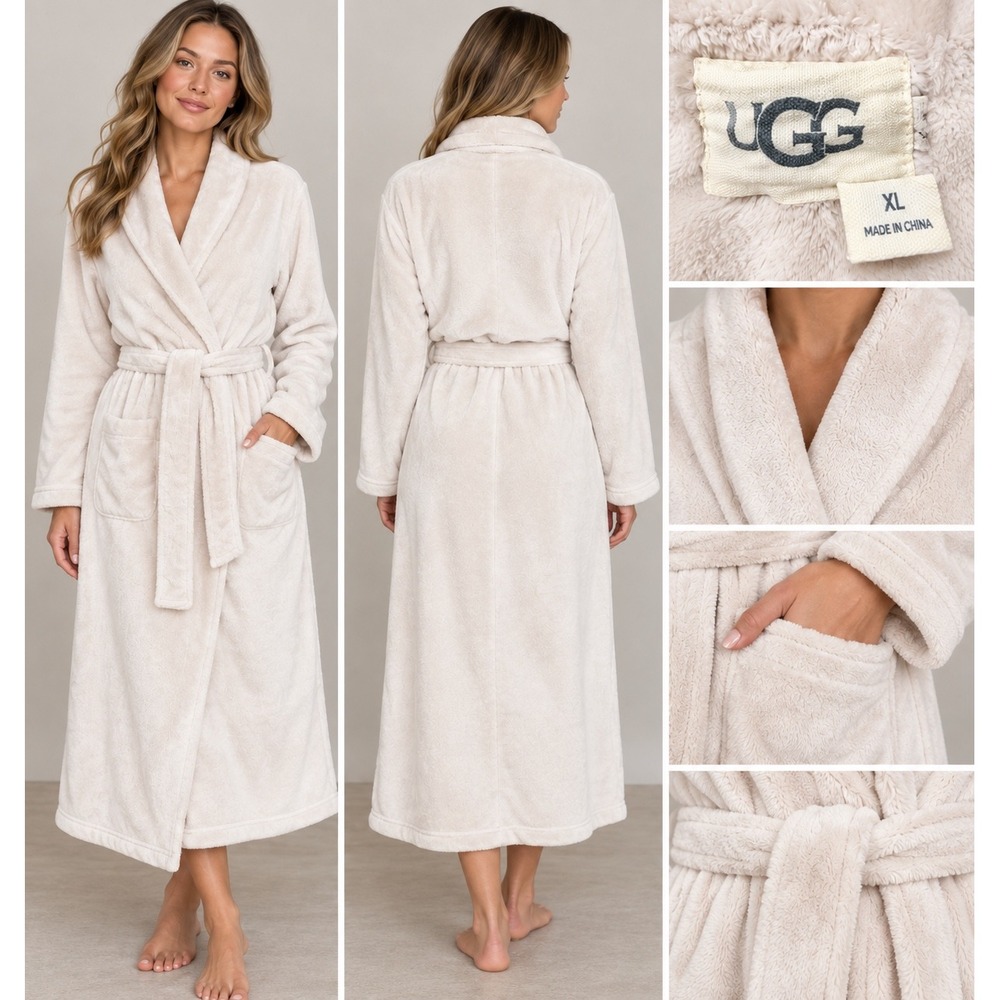 UGG Womens Plush Fleece Robe Light Pink Cream Shawl Collar XL